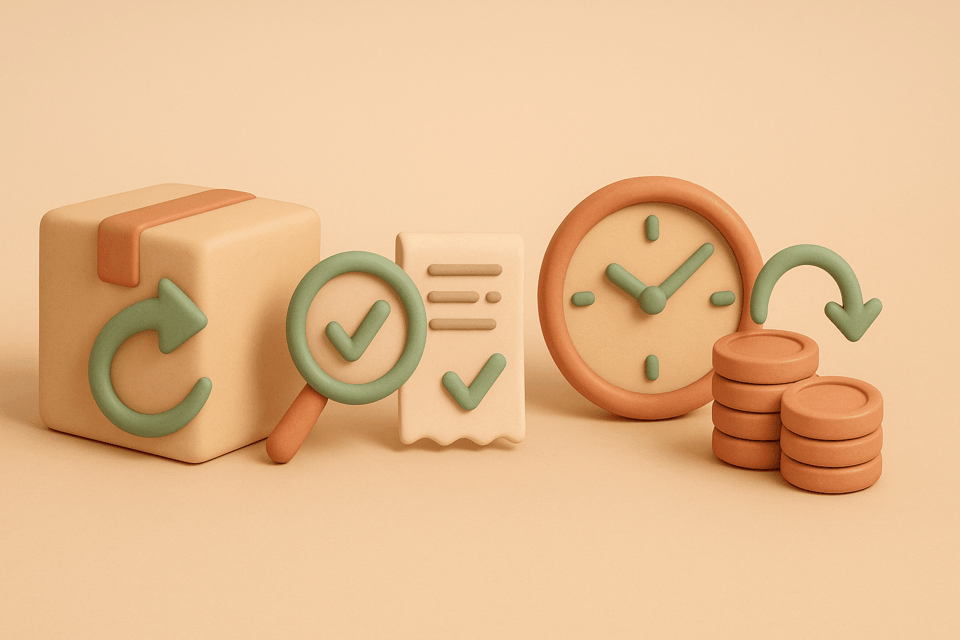 Clay-style illustration of shipping box with return arrow, magnifying glass over receipt, clock, and coins being returned