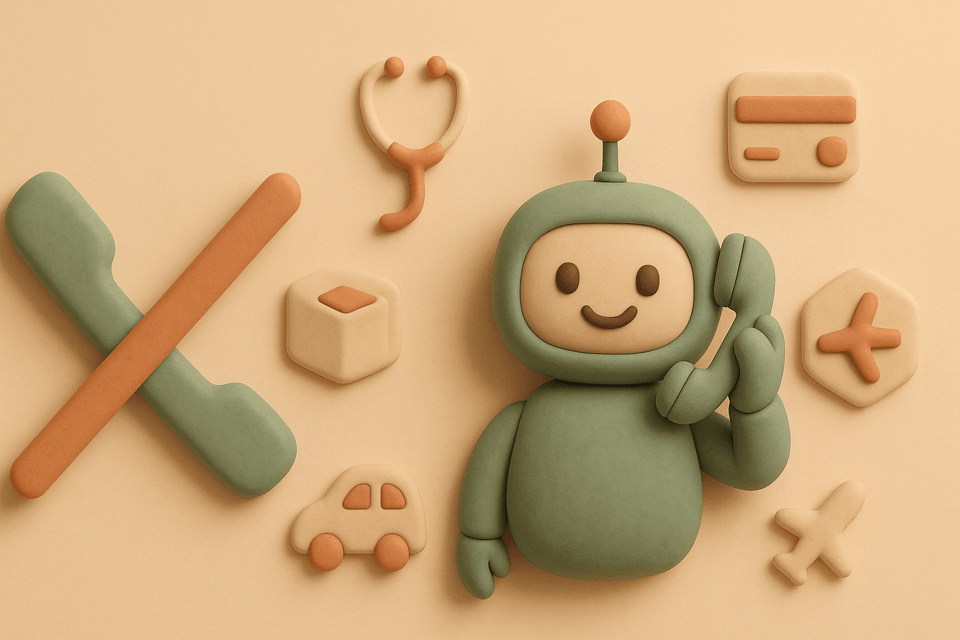 Clay phone crossed out next to AI assistant making calls with icons for packages stethoscope credit card car and airplane