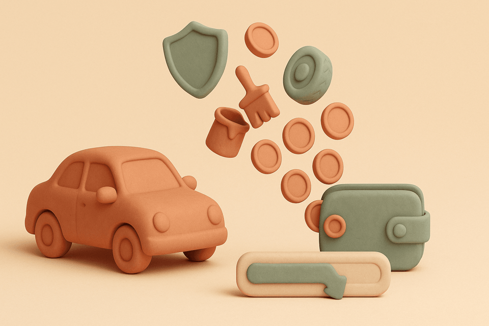 Clay car with add-on items being detached and coins flowing back to wallet
