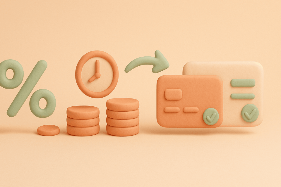 Two clay credit cards with transfer arrow and shrinking percentage