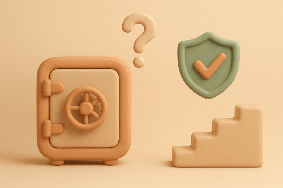 Clay illustration of a bank vault closing, question mark, rights shield with checkmark, and ascending steps