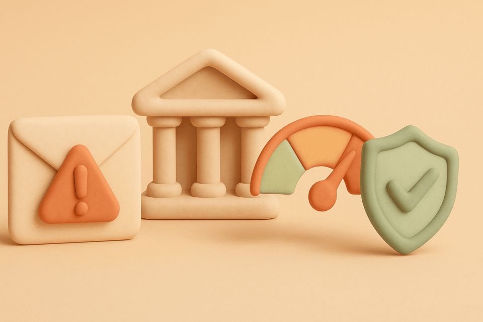 Clay illustration of a collections envelope, bank building, credit score meter, and protective shield