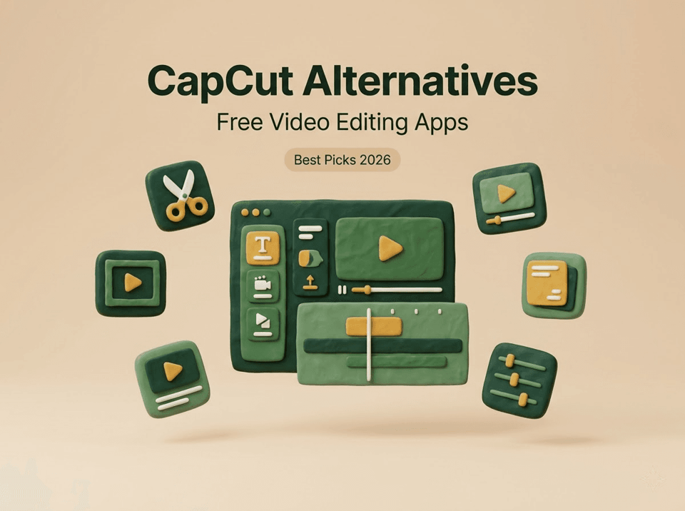 3D illustration of top CapCut Pro alternatives featuring free video editing app icons for 2026.