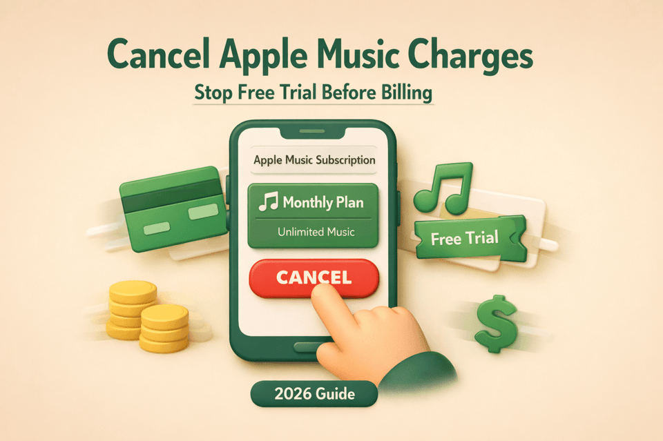 3D guide illustration showing how to cancel apple music free trial easily to avoid unwanted monthly billing charges.