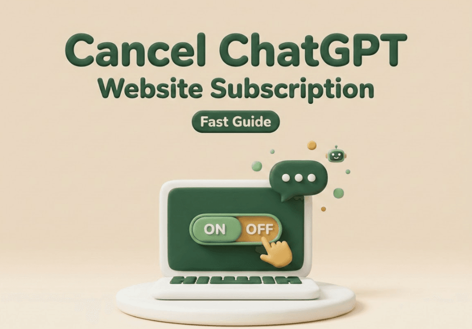 A 3D illustration of a laptop with an off switch, serving as a visual guide to cancel ChatGPT subscription on the website fast.