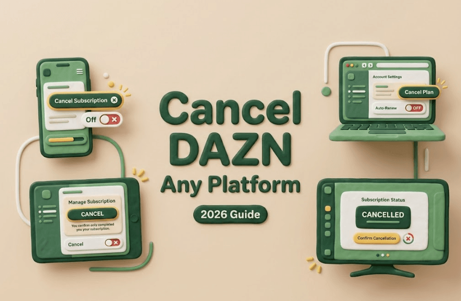 A 2026 guide illustration showing how to cancel DAZN subscription across different devices like phones, laptops, and TVs.