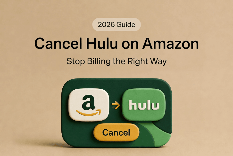 A 2026 guide illustration showing how to cancel hulu on amazon with 3D buttons to stop your billing quickly.