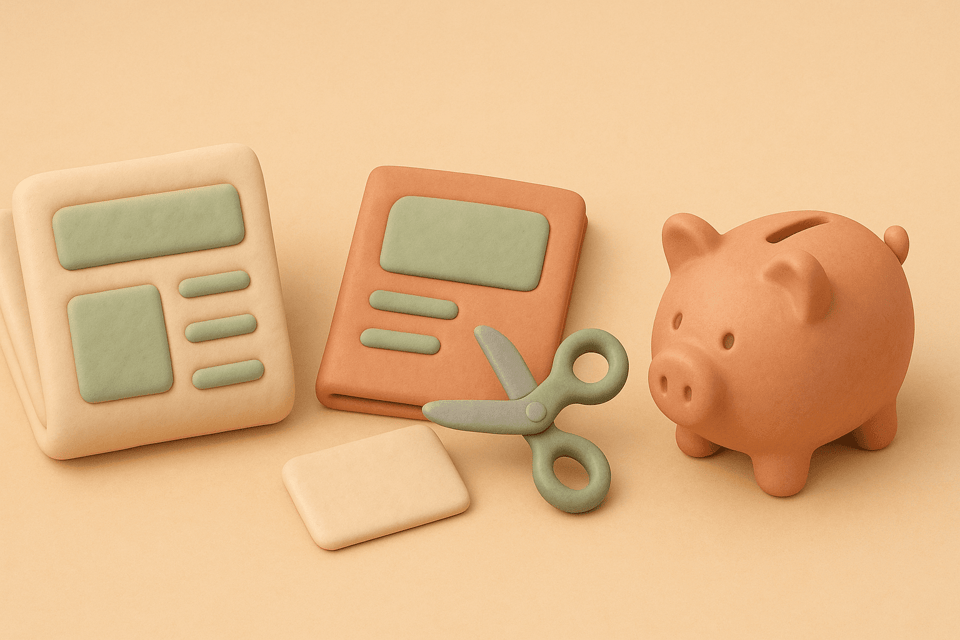Clay illustration of newspaper, magazine, scissors, and piggy bank