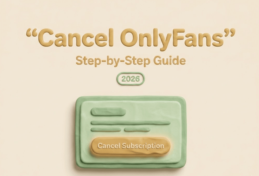 A 3D clay-style graphic for a 2026 step-by-step guide showing how to cancel OnlyFans subscription on a digital card.