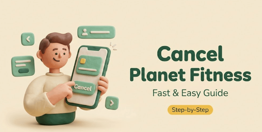 A 3D illustration of a phone guide on how to cancel planet fitness membership fast with step-by-step instructions for 2026.