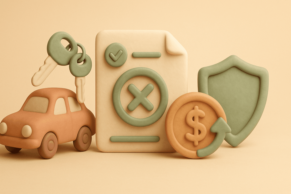 Clay car with keys, insurance document with cancel symbol, dollar coin, and shield on beige background