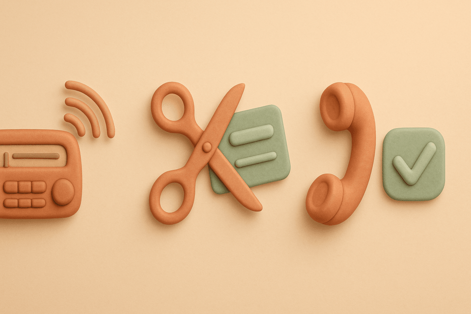 Clay car radio with fading signal and scissors cutting subscription