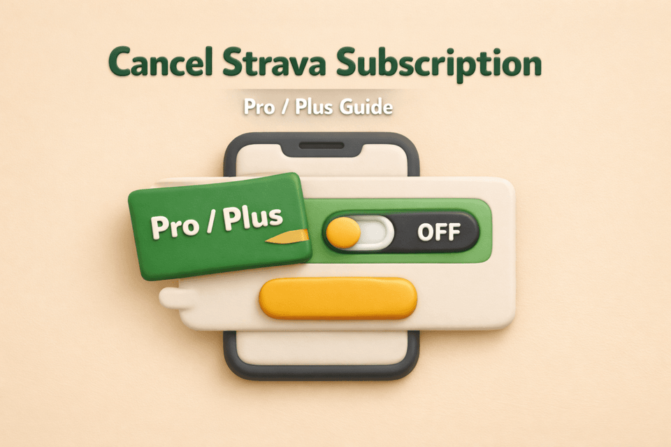A 3D illustration of a smartphone screen with a Pro/Plus switch set to 'OFF' next to the text "How to Cancel Strava Subscription."