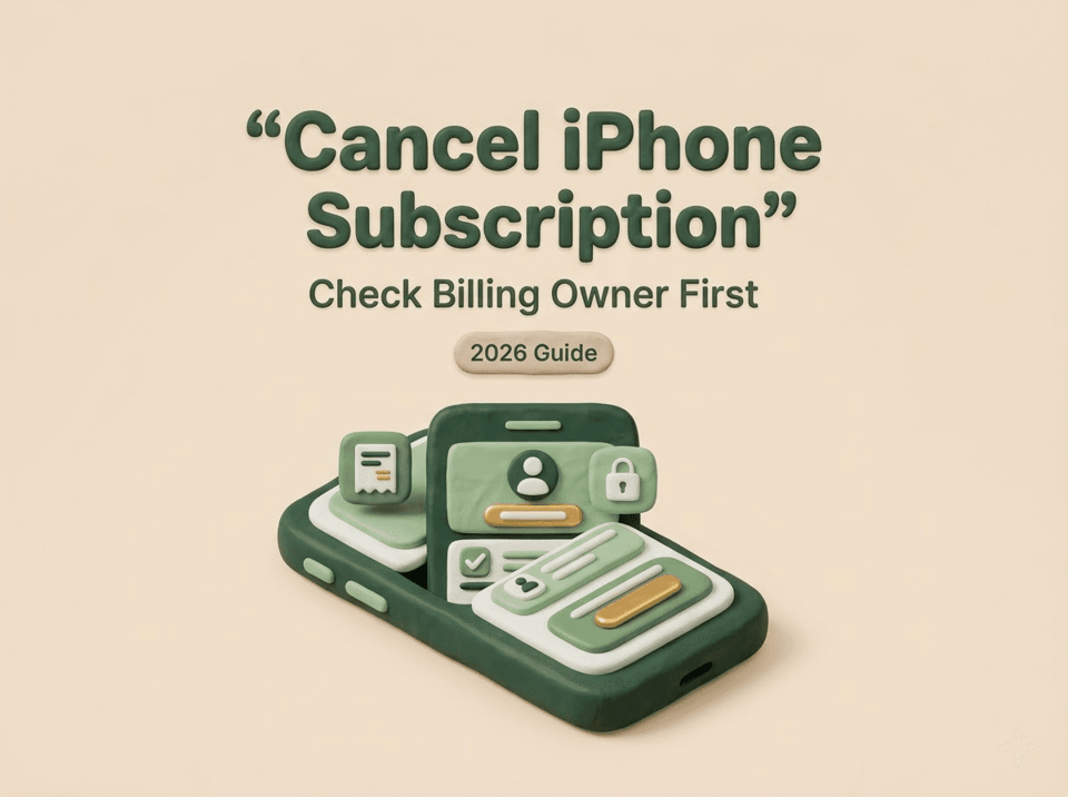 A 3D guide showing how to cancel subscription on iphone by checking the billing owner first.