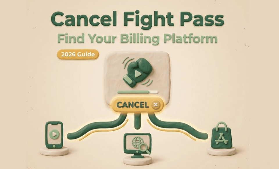 A 3D illustration showing how to cancel UFC Fight Pass by finding the correct billing platform on web, mobile, or app stores.