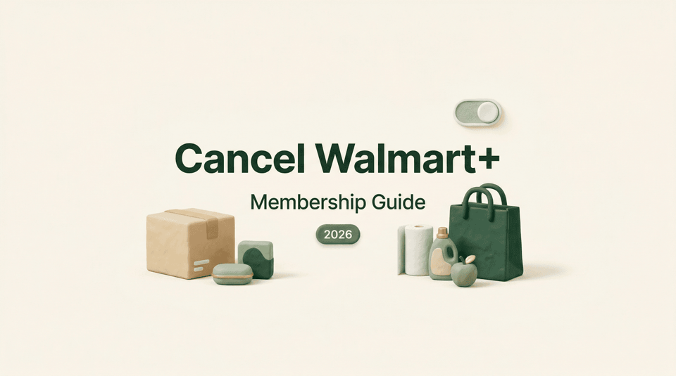 A 3D illustration of groceries and a package for a guide on how to cancel Walmart Plus membership subscriptions.
