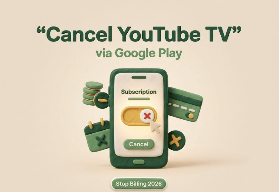 3D graphic illustrating how to easily cancel youtube tv through google play, featuring a smartphone and cancel button.