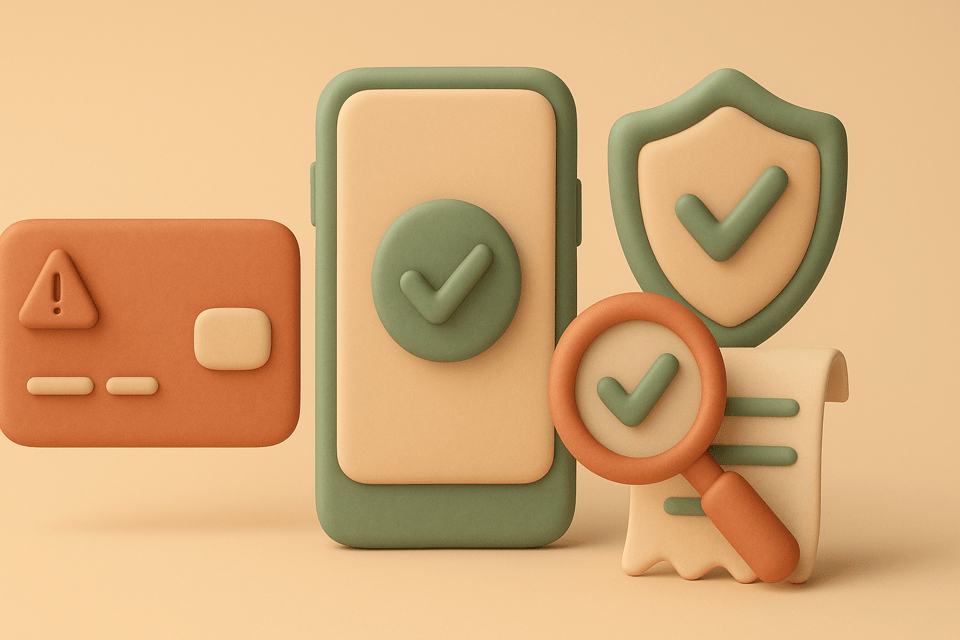 Clay-style illustration of debit card with warning icon, smartphone, shield, and magnifying glass over receipt