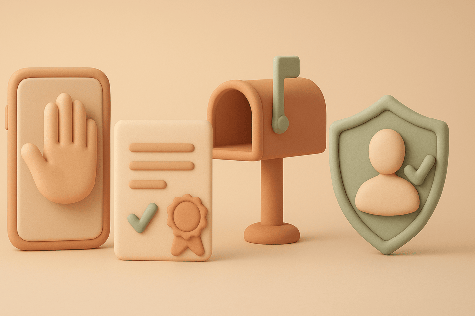 Clay style illustration of stop hand gesture blocking phone with legal document