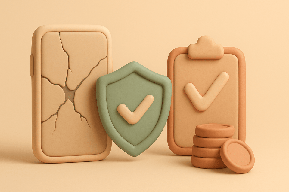 Clay illustration of cracked phone, shield, clipboard, and coins