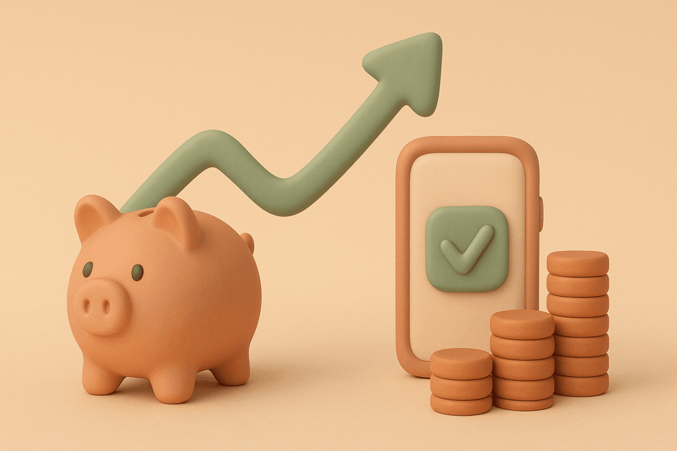 Clay style illustration of piggy bank with growth chart and stacked coins