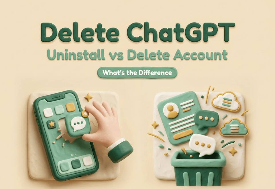 3D graphic explaining the difference between uninstalling the app and choosing to delete chatgpt accounts entirely.
