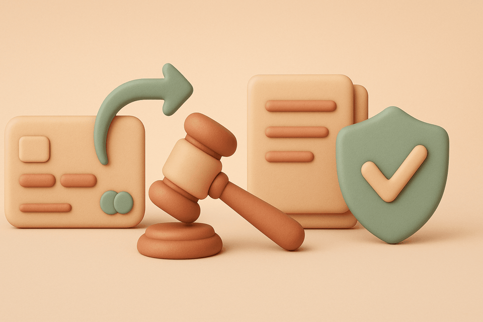 Clay-style illustration of credit card with dispute arrow, gavel, stack of documents, and shield with checkmark