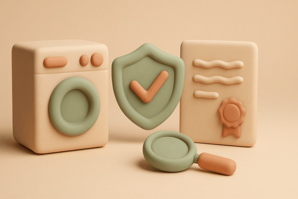 Clay illustration of washing machine, shield, warranty document, and magnifying glass