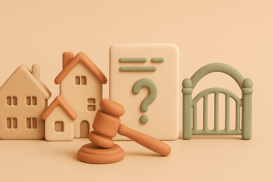 Clay illustration of houses, gavel, billing document, community gate