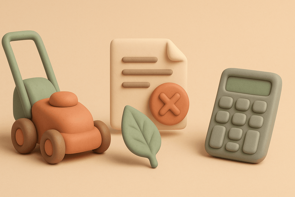 Clay illustration of lawn mower, contract, leaf, and calculator