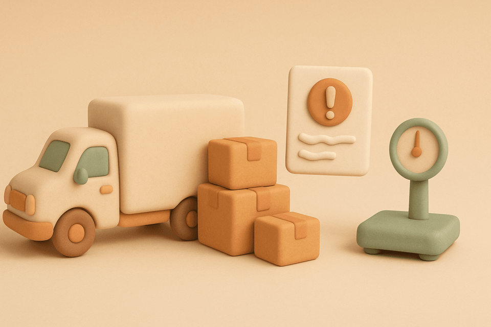 Clay illustration of moving truck, boxes, receipt, and scale
