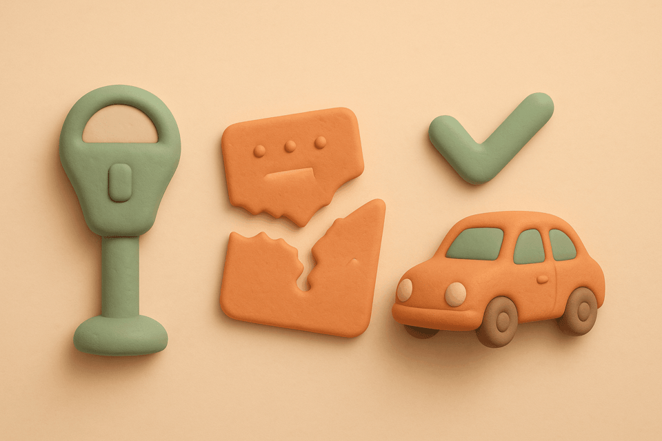 Clay illustration of parking meter, torn ticket, car, and checkmark