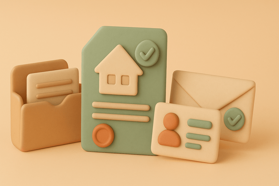 Clay illustration of a folder with documents, property deed with stamp, ID card, and utility bill envelope