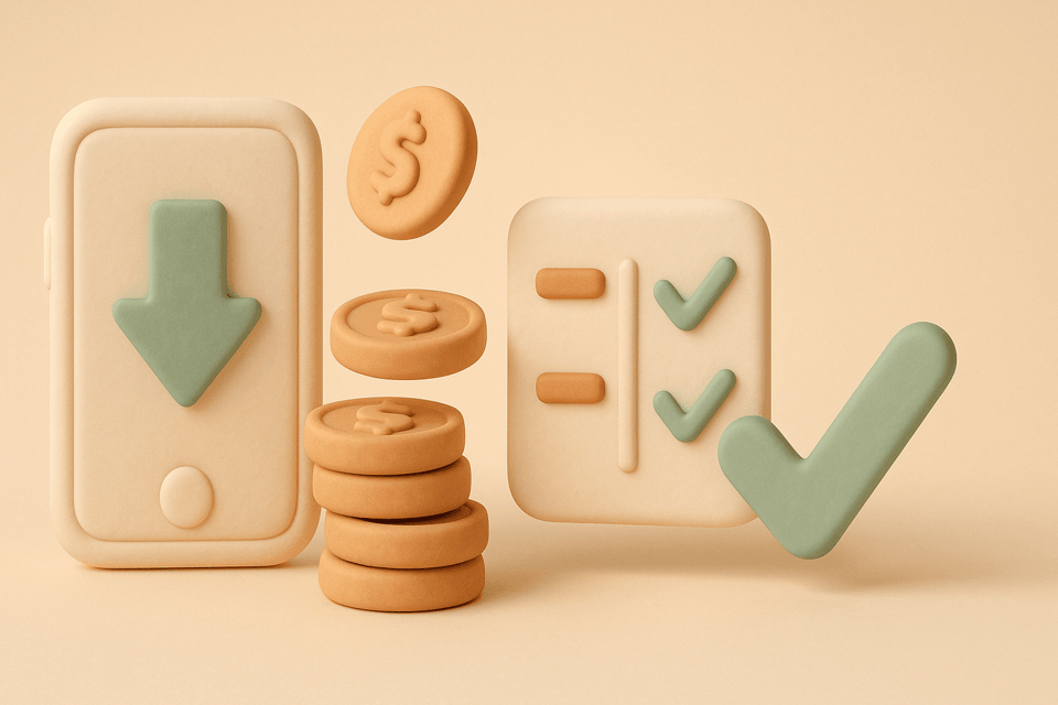 Clay style illustration of smartphone with downward arrow and coins being saved