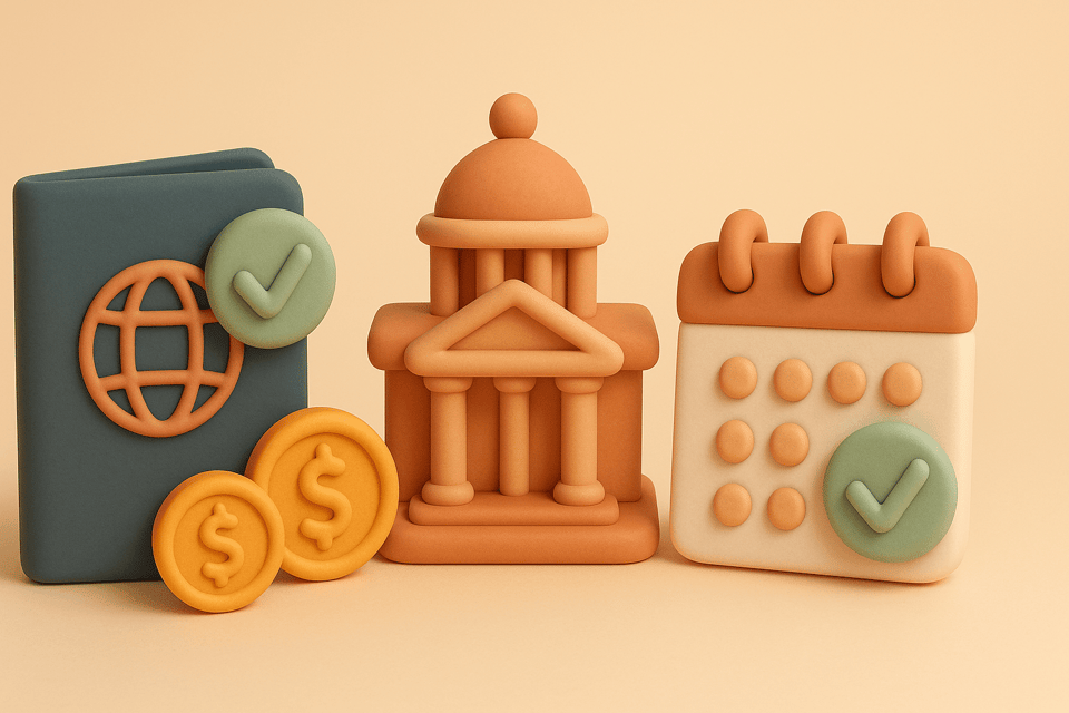 Clay illustration of a passport with express badge, government building, dollar coins, and same-day calendar