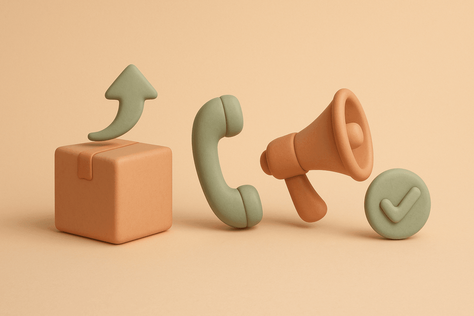 Clay package with escalation arrow, phone handset, megaphone, and checkmark badge on beige background