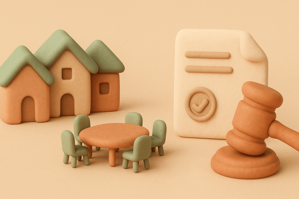 Clay neighborhood houses with meeting table and gavel