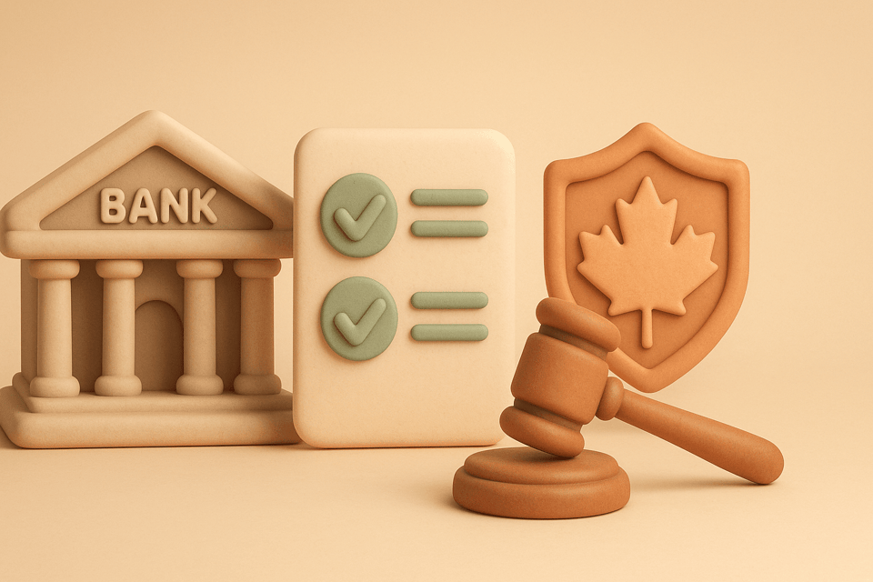 Clay illustration of a bank building, complaint form, Canadian maple leaf shield, and gavel