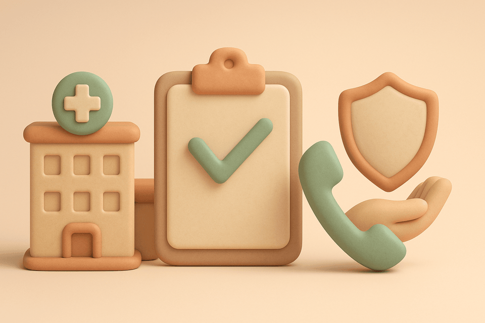 Clay care facility building, clipboard, phone handset, and protective shield on beige background
