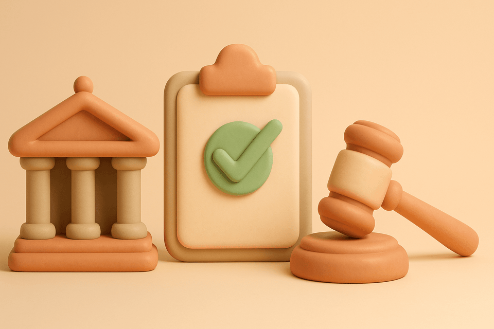 Clay illustration of government building with clipboard