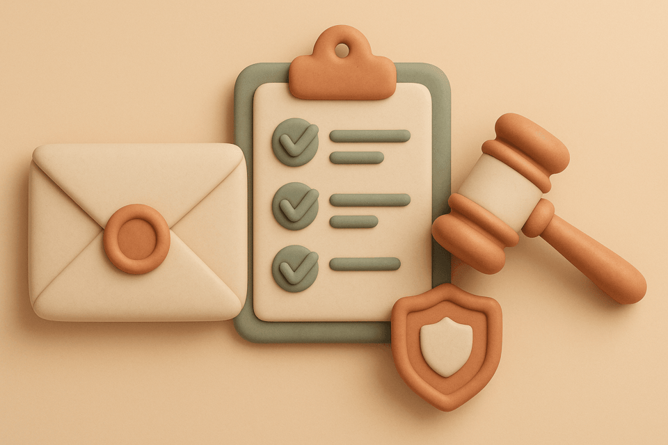 Clay envelope with seal, clipboard with checklist, gavel, and badge on beige background