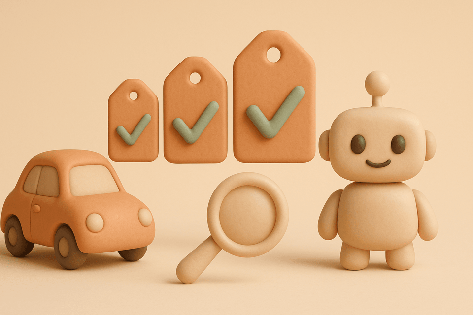 Clay car, price tags showing comparison, magnifying glass, and robot on beige background