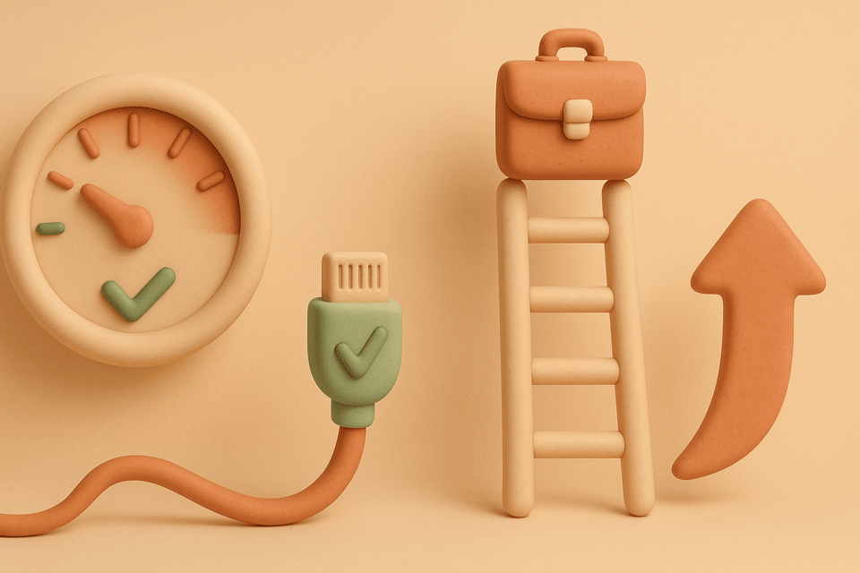 Clay illustration of a speedometer, fiber optic cable, escalation ladder with briefcase, and speed arrow