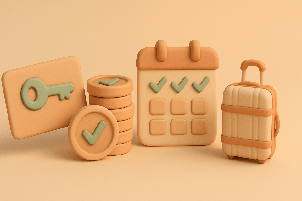 Clay-style illustration of hotel key card, loyalty points coins, calendar with checkmarks, and suitcase
