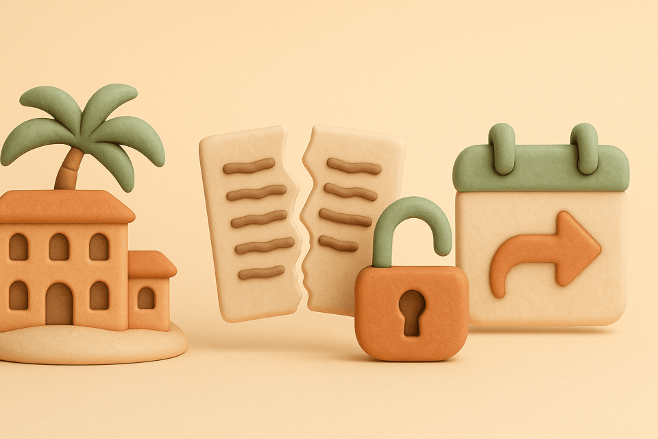 Clay resort with torn contract and unlocked padlock