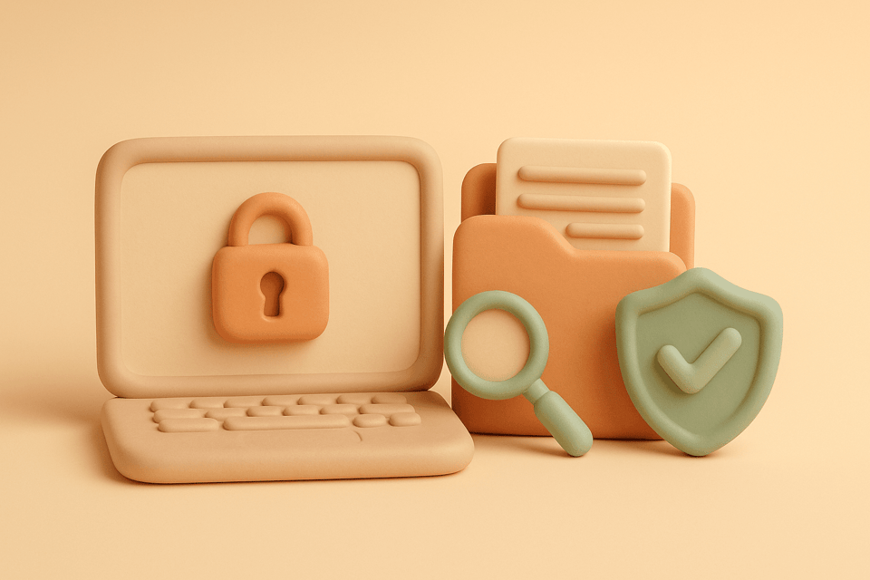 Clay laptop with lock, folder with documents, shield with checkmark, and magnifying glass on beige background