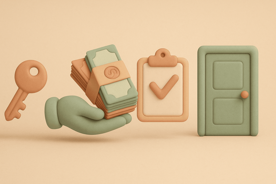 Clay illustration of apartment key, money stack, clipboard, door