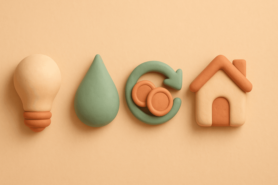 Clay illustration of light bulb, water drop, refund arrow, house