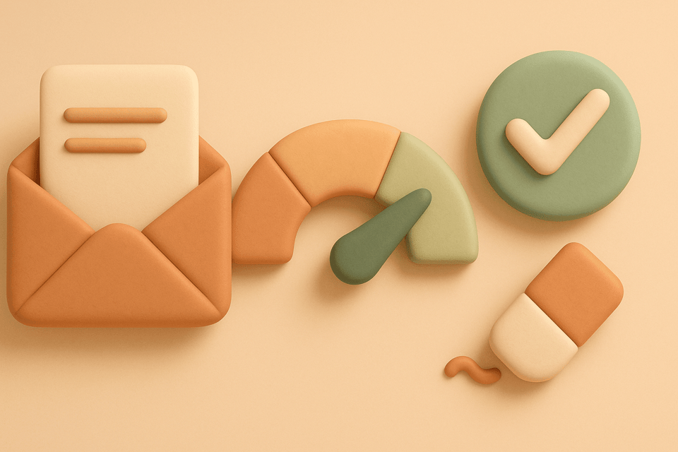 Clay style illustration of envelope with letter and credit score gauge pointing up