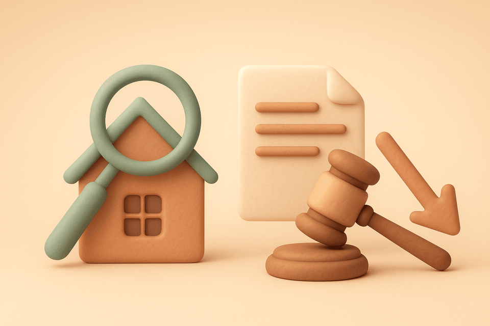Clay illustration of house, magnifying glass, tax document, and gavel